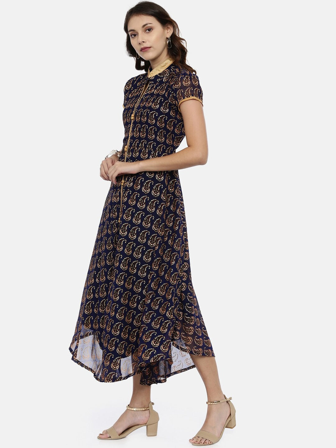 Souchii Navy Blue & Gold Floral Print Fit and Flare Dress | Grocsy