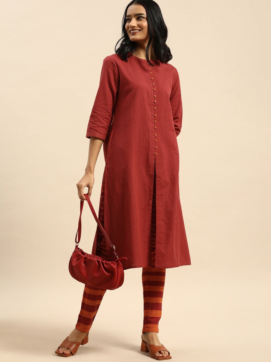All About You Women Red & Orange Pure Cotton Kurta with Trousers | Grocsy