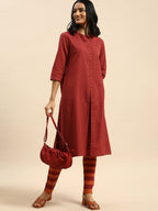 All About You Women Red & Orange Pure Cotton Kurta with Trousers | Grocsy