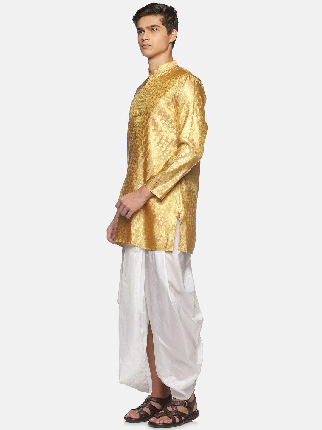Sethukrishna Men Gold-Toned Ethnic Motifs Angrakha Kurta with Dhoti Pants | Grocsy