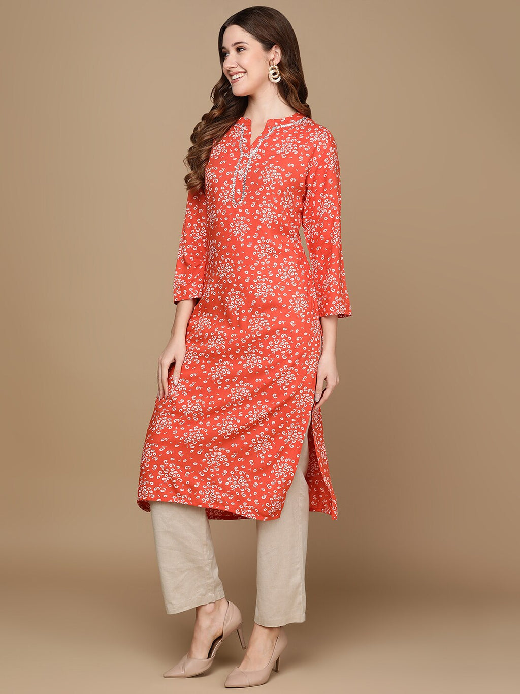 HERE&NOW Rust Orange & White Floral Printed Straight Kurta | Grocsy