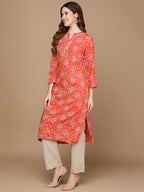 HERE&NOW Rust Orange & White Floral Printed Straight Kurta | Grocsy