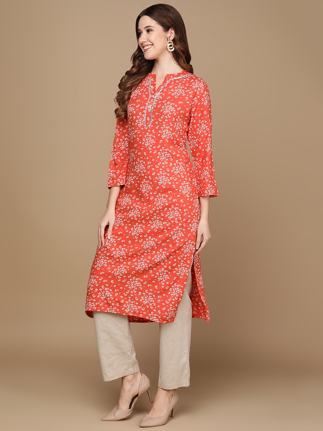 HERE&NOW Rust Orange & White Floral Printed Straight Kurta | Grocsy