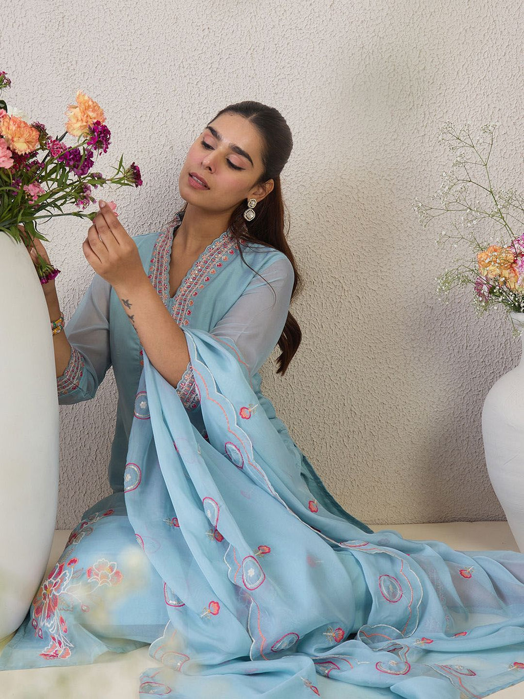Indo Era Floral Embroidered V-Neck Thread Work Straight Kurta & Trousers & Dupatta | Grocsy