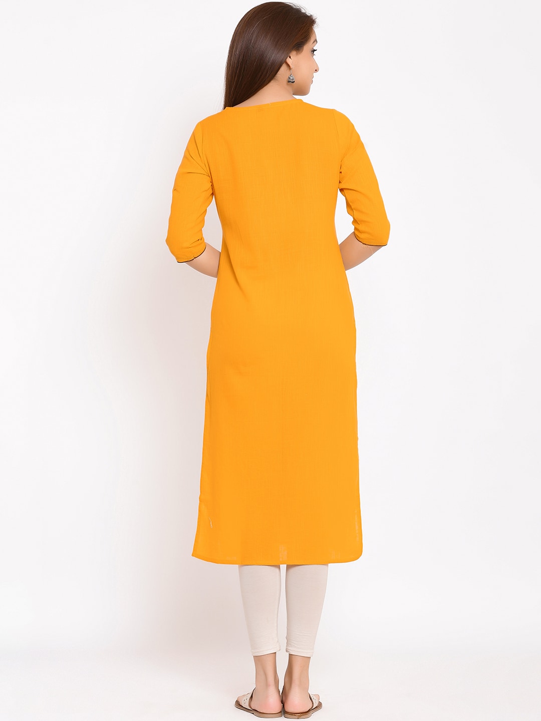 HERE&NOW Yellow Geometric Yoke Design Thread Work Kurta | Grocsy