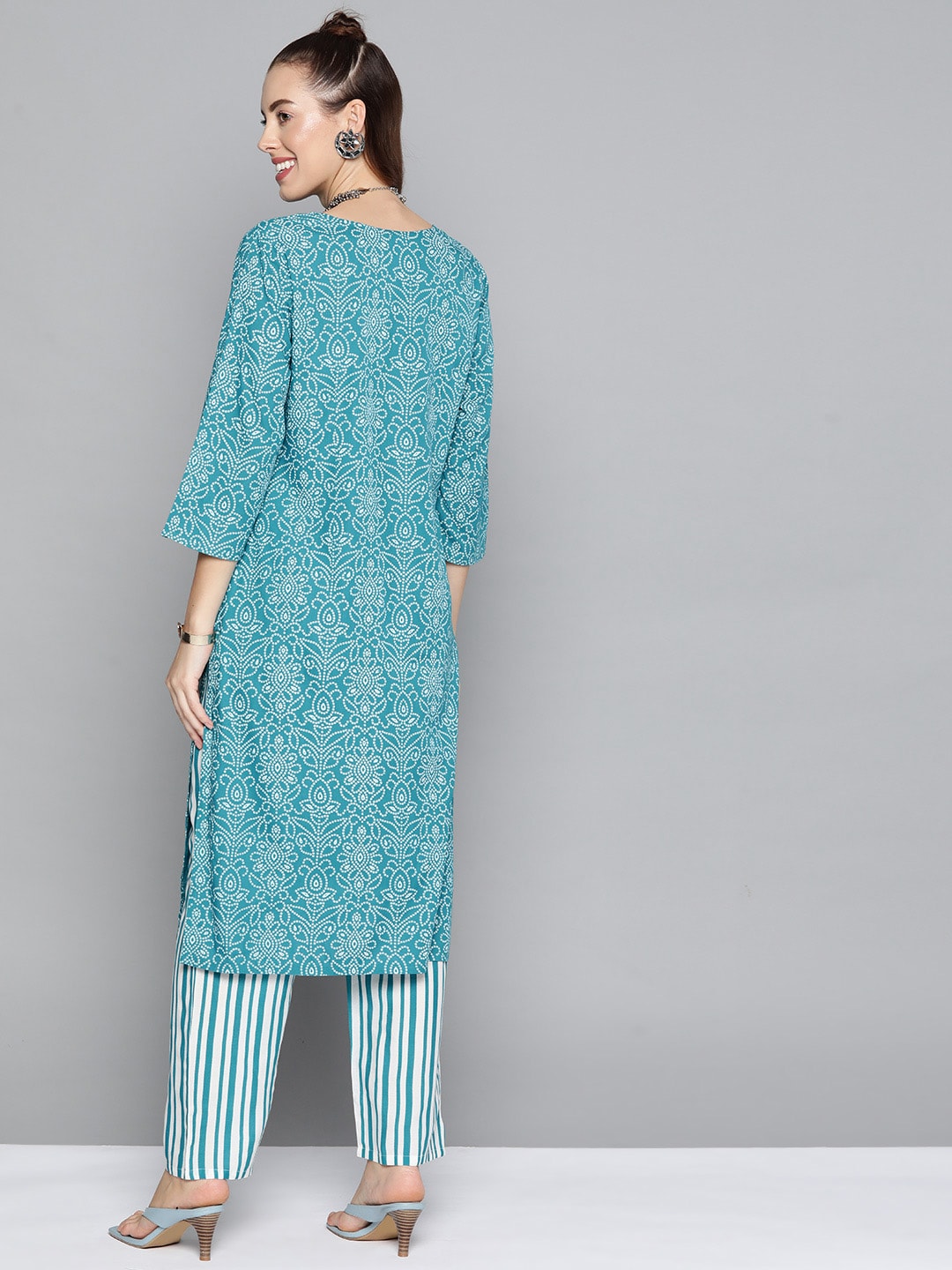 HERE&NOW Women Blue & White Bandhani Print Kurta with Striped Trousers | Grocsy