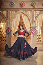 Navy Blue Viscose Rayon Thread Embroidered Work With Mirror All Over Navratri Lehenga Choli With Dupatta - Raas | Grocsy