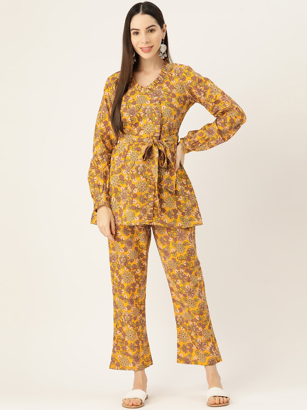 InWeave Mustard Kalamkari Print Co Ord Set With Belt | Grocsy