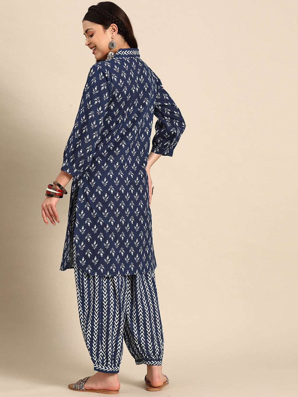 Sangria Blue & White Ethnic Motifs Printed V-Neck Pure Cotton A-Line Kurta With Salwar | Grocsy
