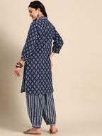 Sangria Blue & White Ethnic Motifs Printed V-Neck Pure Cotton A-Line Kurta With Salwar | Grocsy