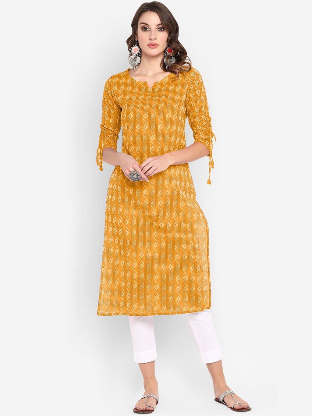 Janasya Women Yellow & Off-White Woven Design Straight Kurta | Grocsy