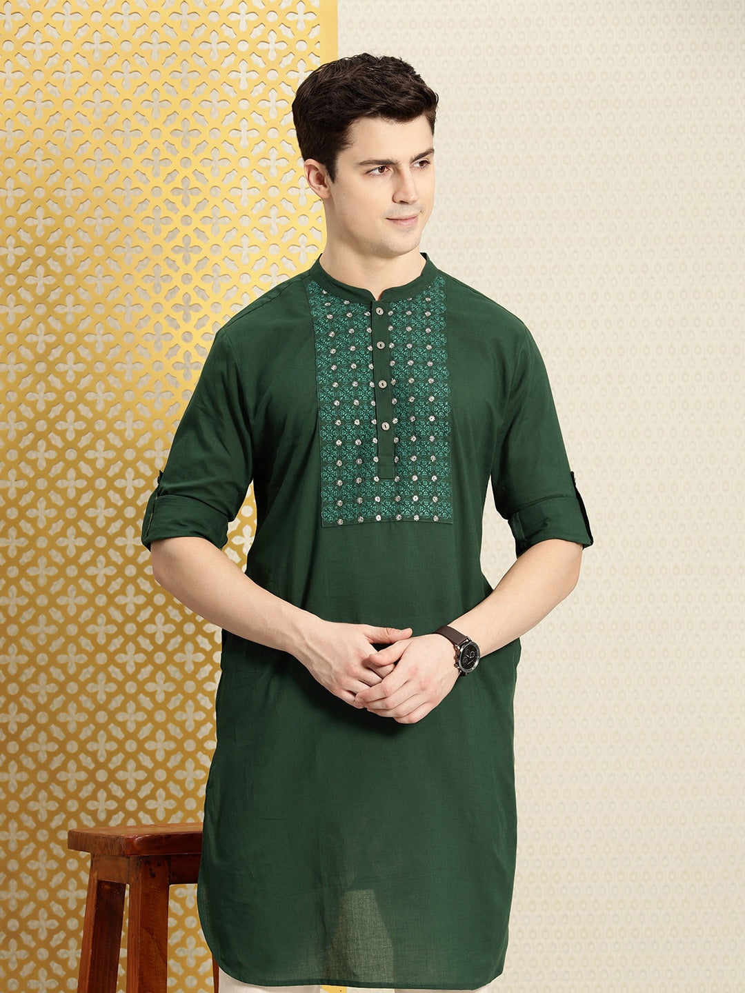 House of Pataudi Men Pure Cotton Ethnic Motifs Embroidered Jashn Kurta | Grocsy