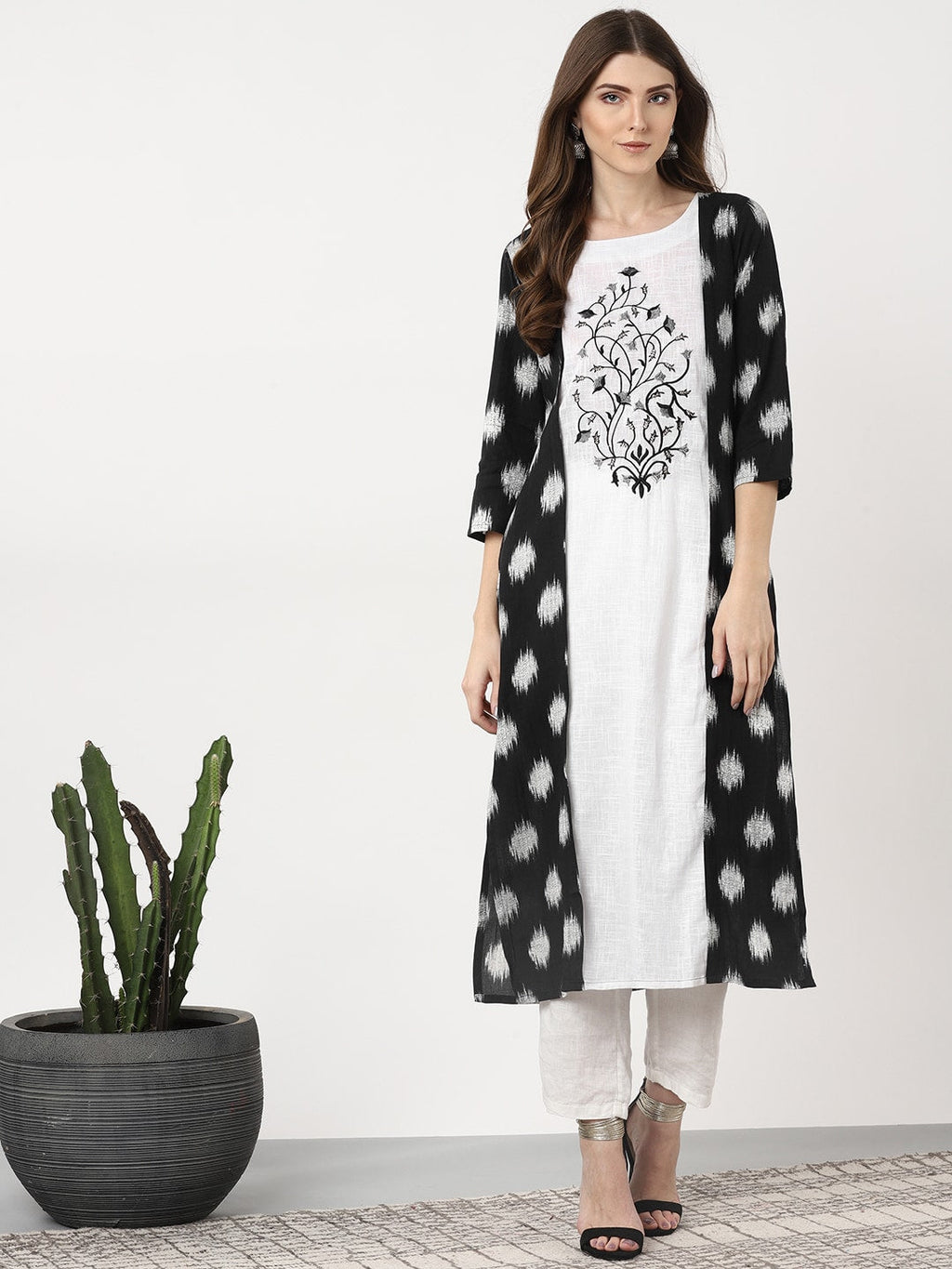 Sangria Women Black & Off-White Woven Design Straight Kurta | Grocsy