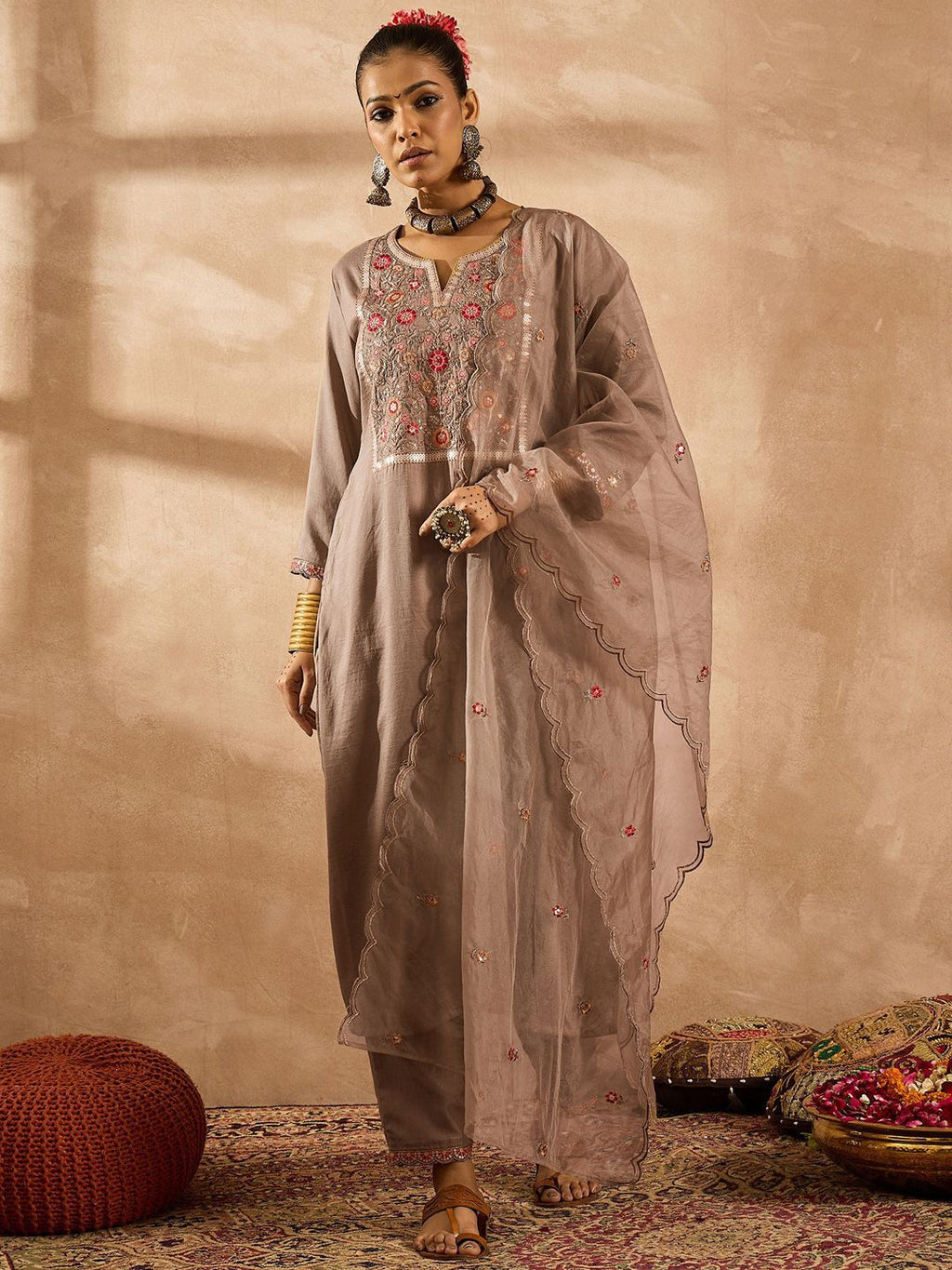 Indo Era Women Ethnic Motifs Embroidered Regular Thread Work Kurta with Trousers & With Dupatta | Grocsy