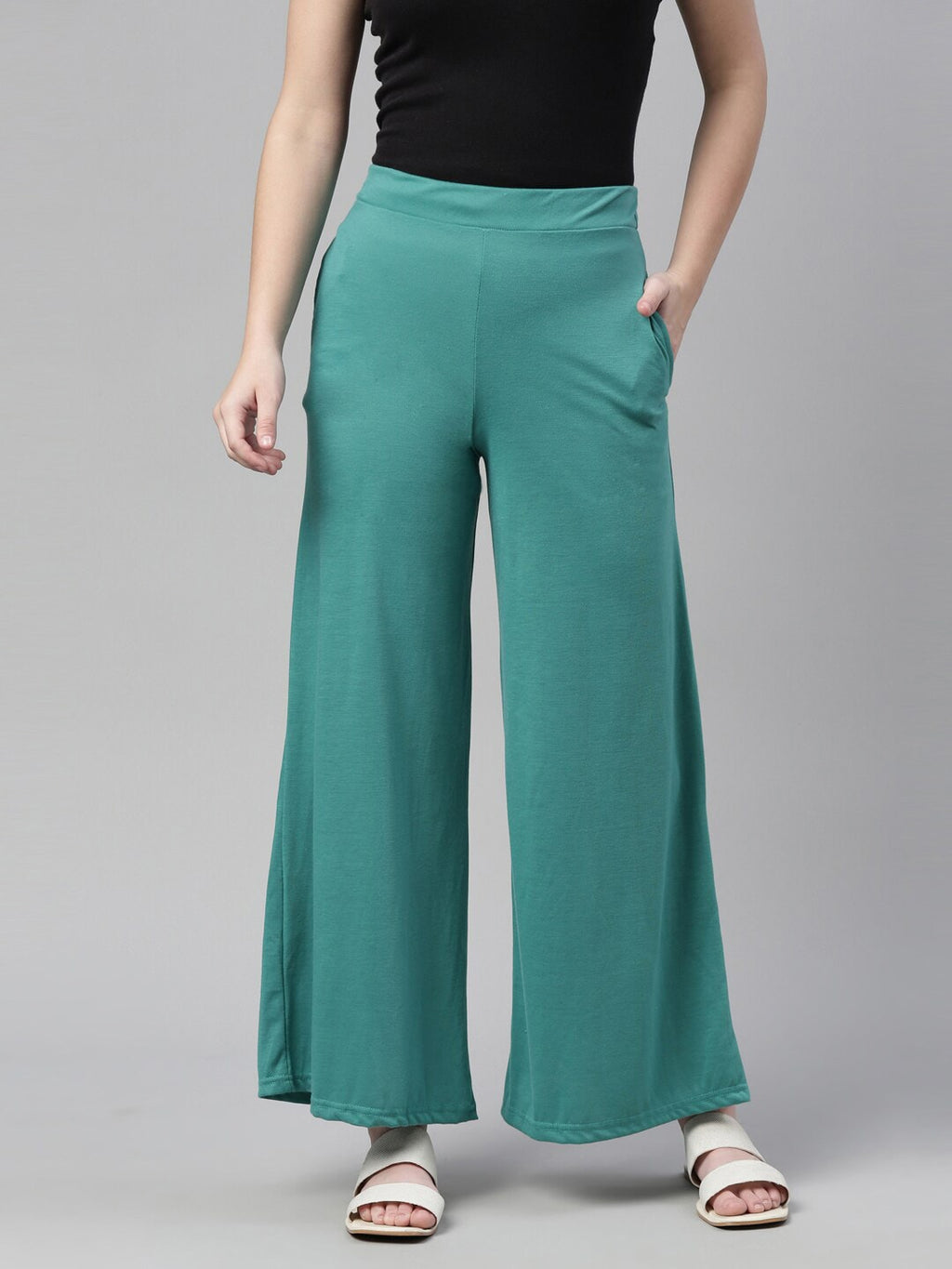 Souchii Turquoise Blue Knitted Palazzos | Grocsy