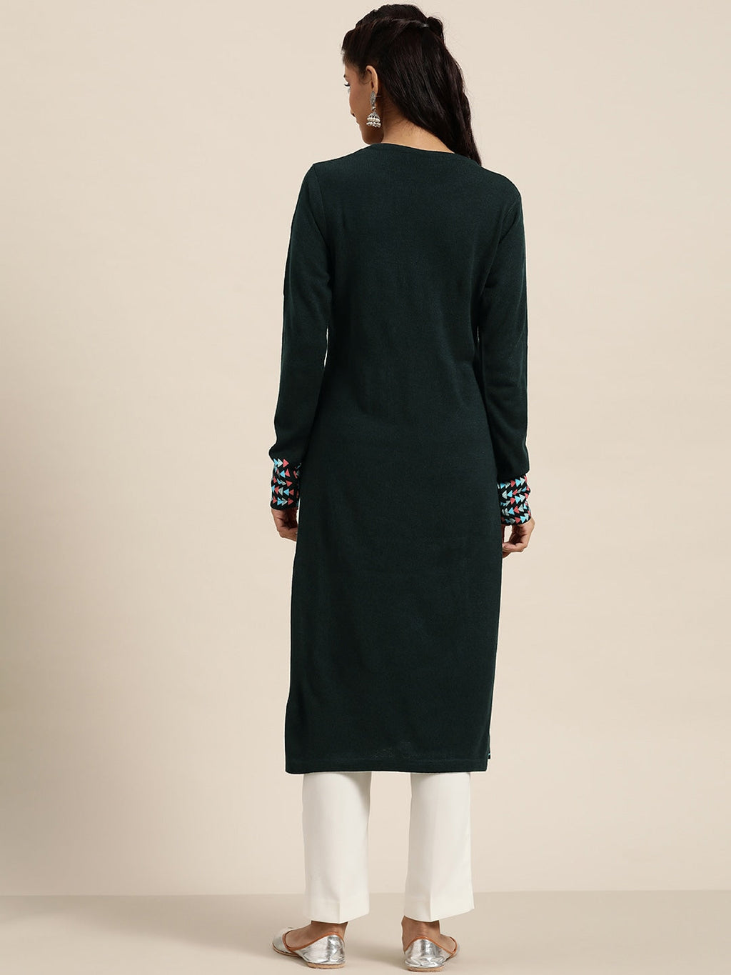 Sangria Women Teal Green & Pink Geometric Printed Straight Winter Kurta | Grocsy