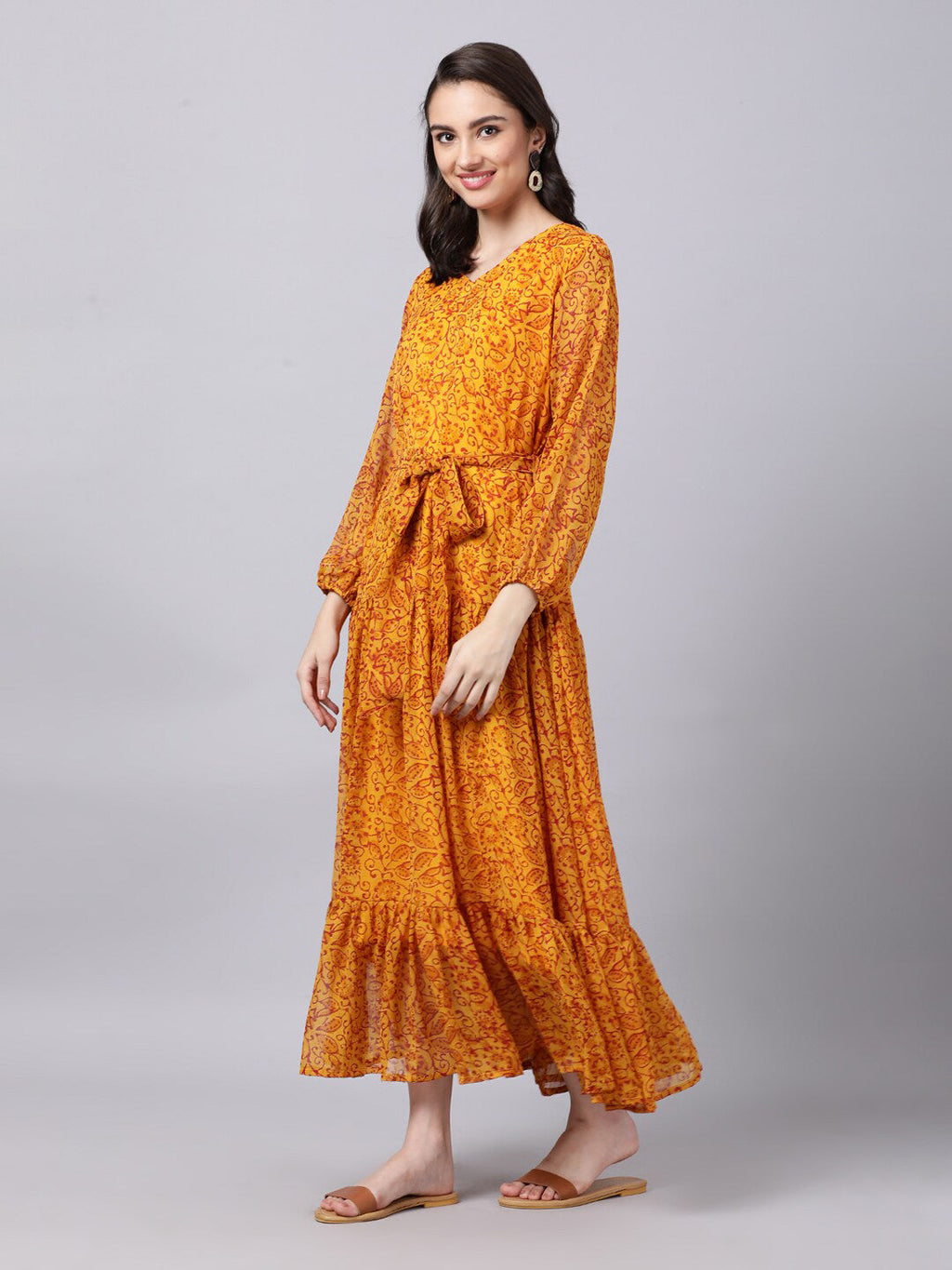 Souchii Yellow Floral Layered Chiffon Maxi Dress | Grocsy