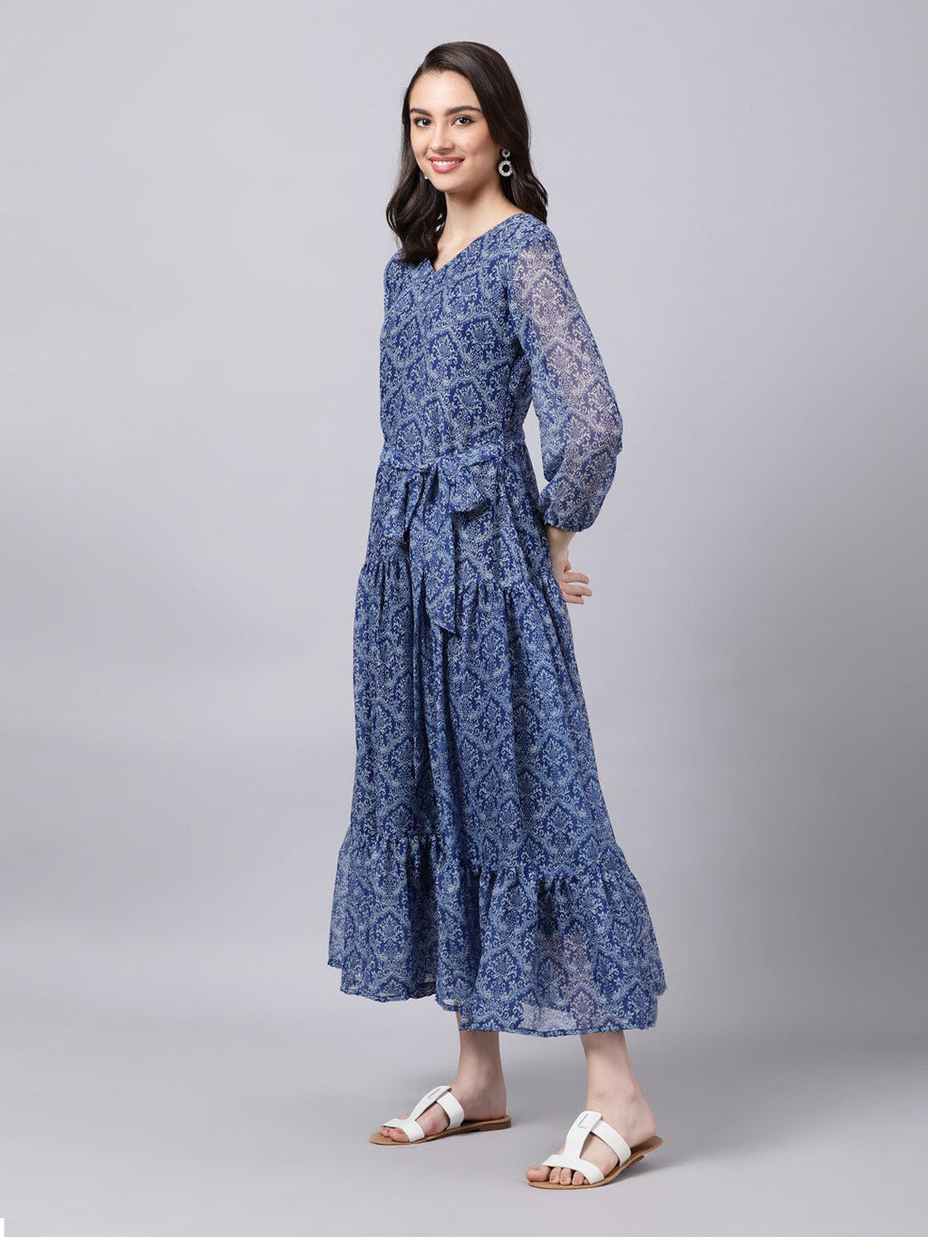 Souchii Blue Ethnic Motifs Printed Chiffon Maxi Tiered Dress | Grocsy