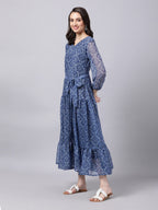 Souchii Blue Ethnic Motifs Printed Chiffon Maxi Tiered Dress | Grocsy