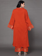 Sztori Plus Size V Neck Regular Silk Crepe Straight Kurta with Trousers | Grocsy