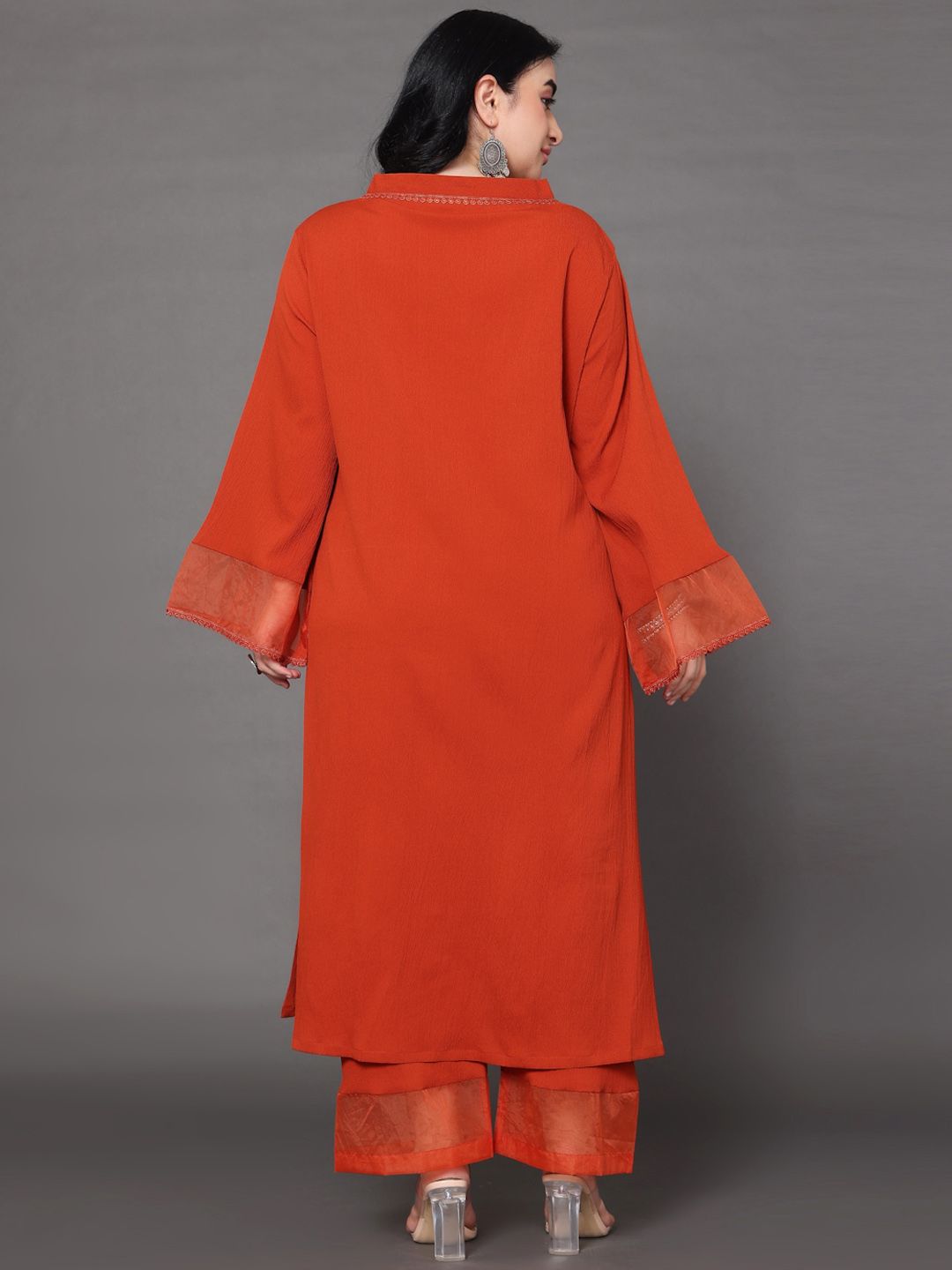 Sztori Plus Size V Neck Regular Silk Crepe Straight Kurta with Trousers | Grocsy