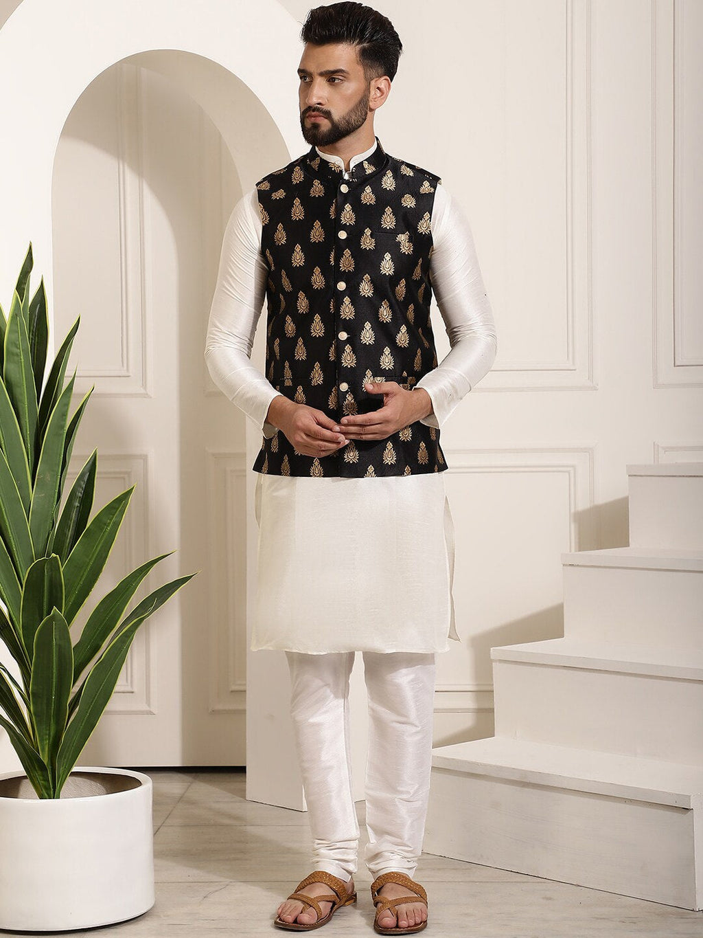 Sojanya Band Collar Straight Kurta & Churidar with Nehru jacket | Grocsy