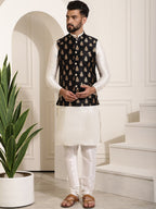 Sojanya Band Collar Straight Kurta & Churidar with Nehru jacket | Grocsy