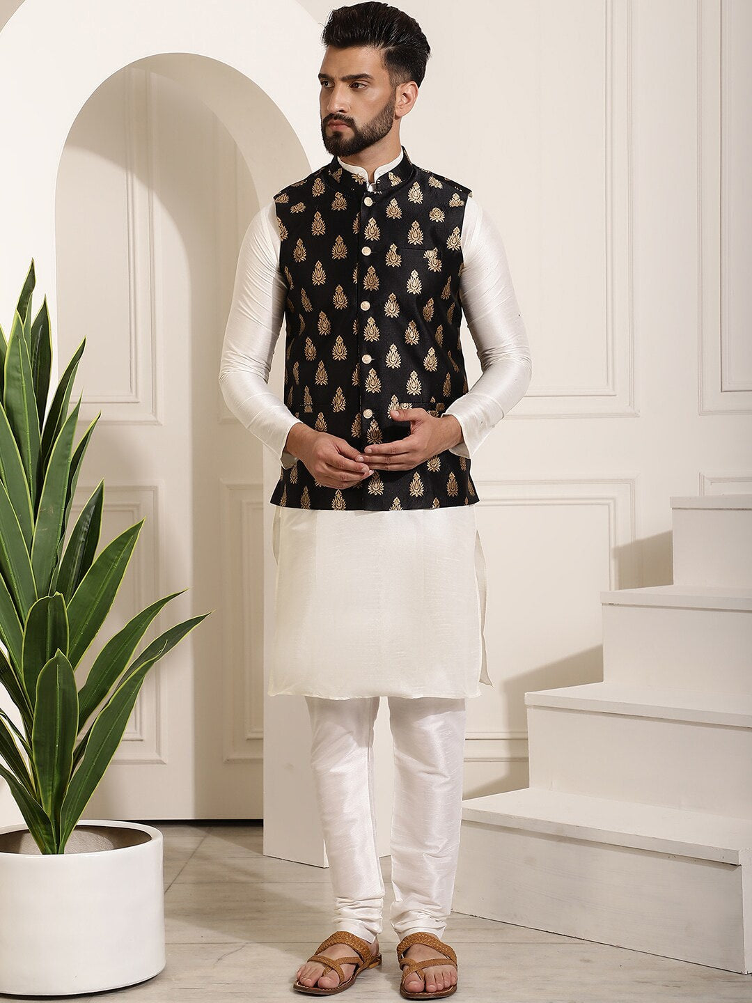 Sojanya Band Collar Straight Kurta & Churidar with Nehru jacket | Grocsy