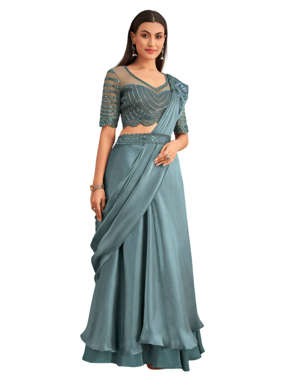 Blue Satin Embroidered Ready To Wear Saree With Unstitched Blouse Piece - Nandika | Grocsy