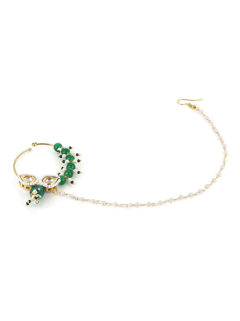 Gold-Polished White Green Kundan Studded Beaded Chain Nose Pin - Ruby Raang | Grocsy