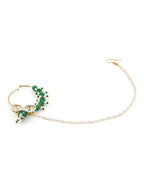 Gold-Polished White Green Kundan Studded Beaded Chain Nose Pin - Ruby Raang | Grocsy