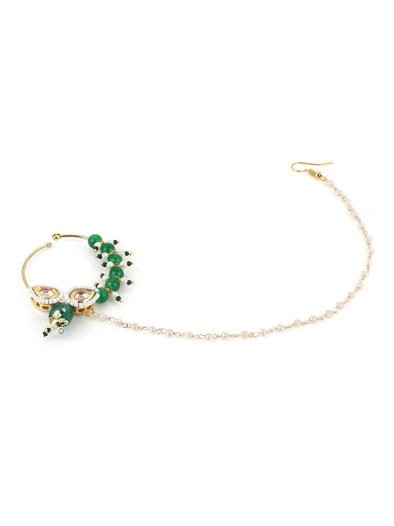 Gold-Polished White Green Kundan Studded Beaded Chain Nose Pin - Ruby Raang | Grocsy