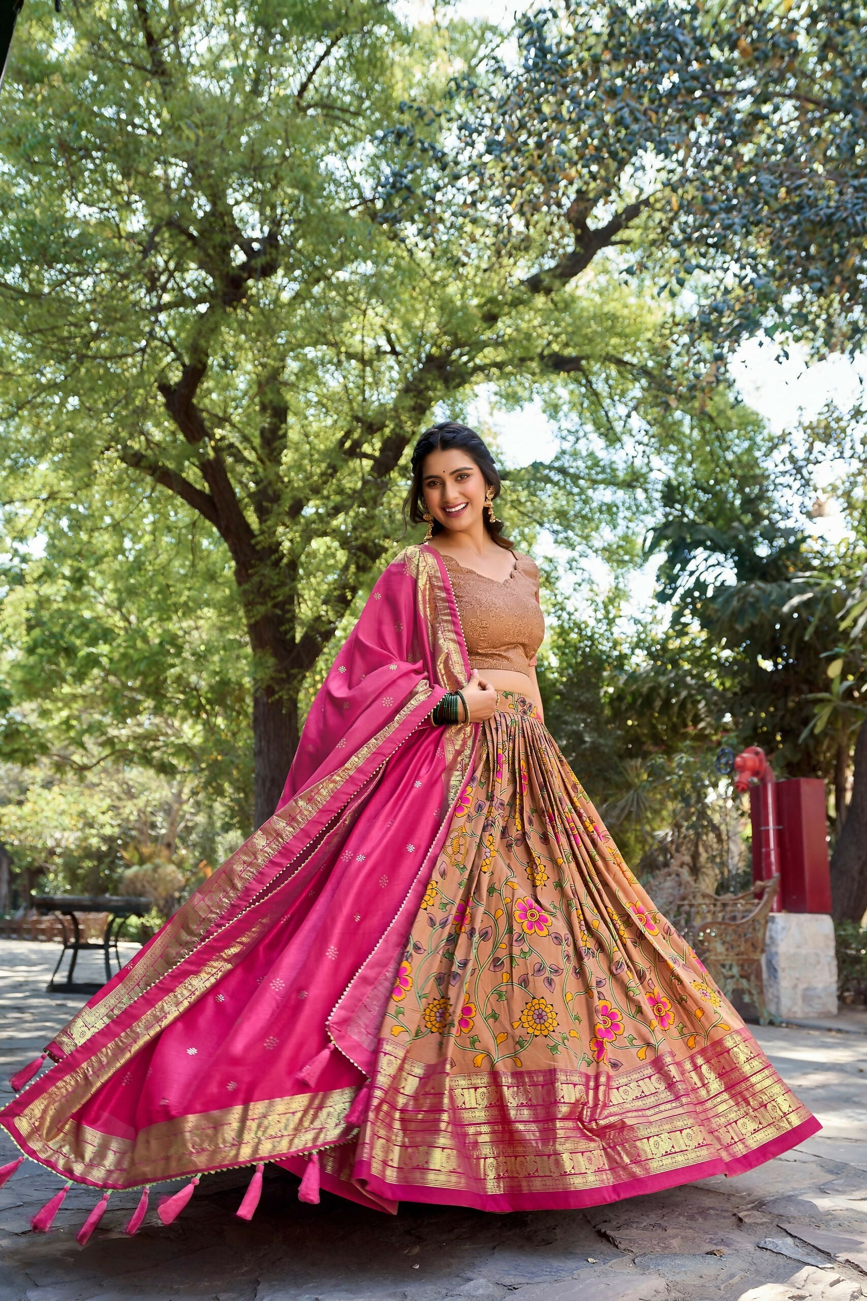 Vastranavya Kalamkari Print With Foil Print Lehenga with Unstitched Printed Blouse - Mustard | Grocsy