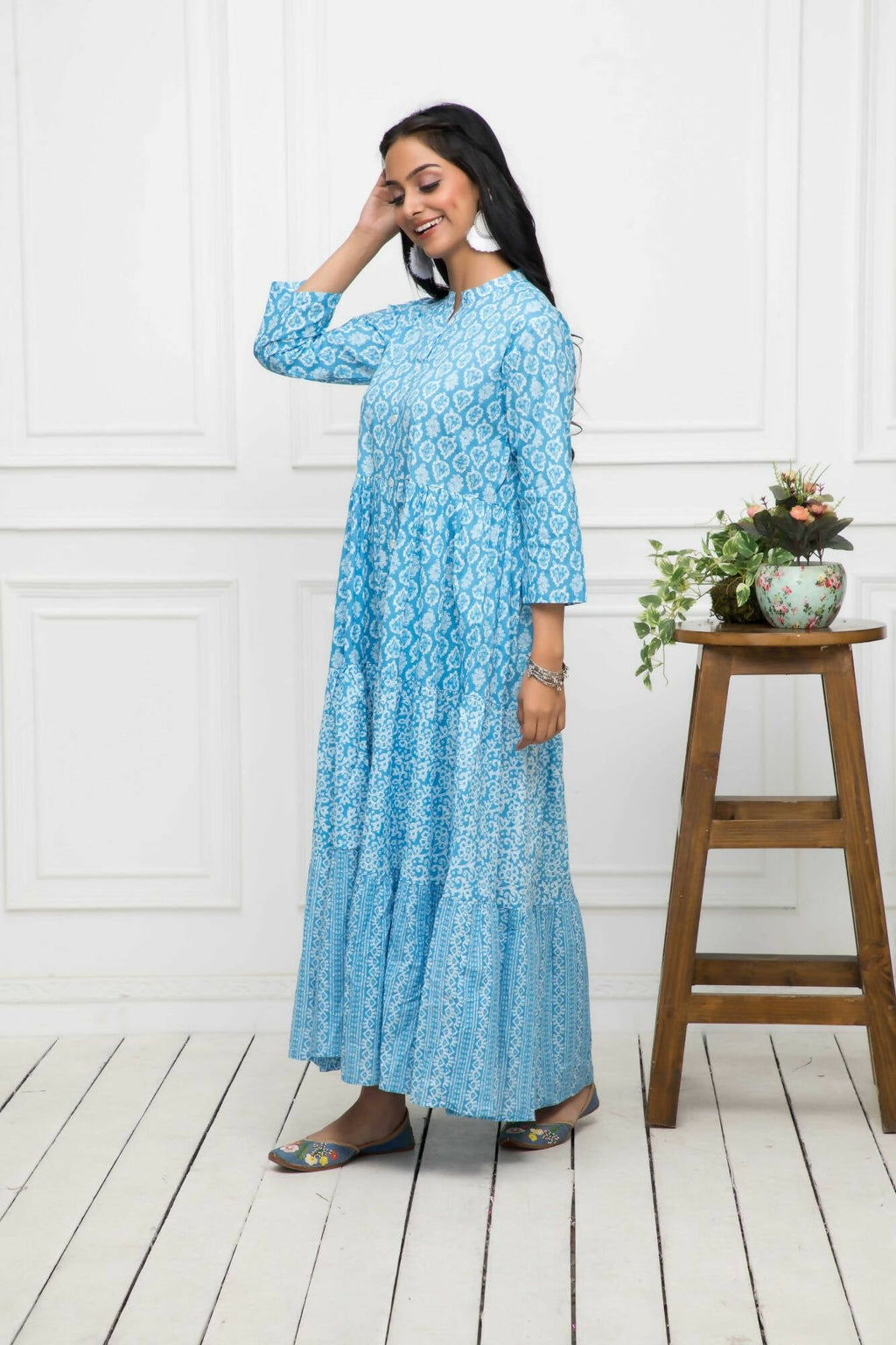 Myshka Women Blue Floral Cotton A-Line Mandarin Collar Long Dress | Grocsy