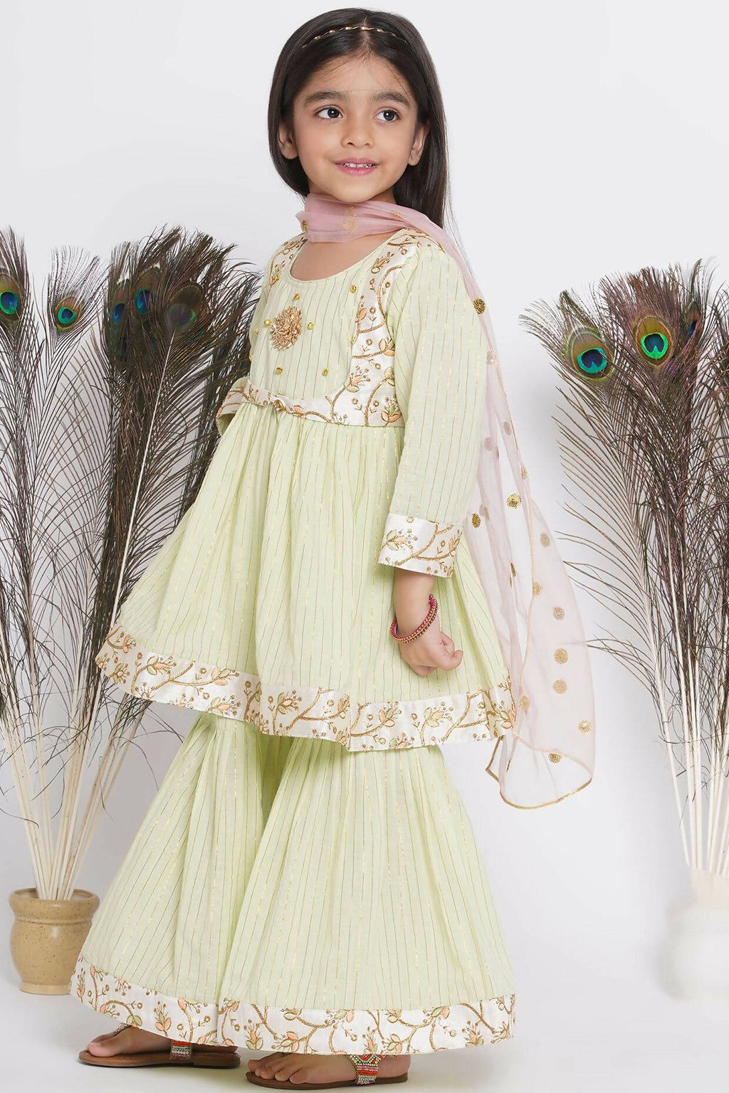 Little Bansi Floral Embroidery Jacket With Cotton Lurex Frock Sharara And Dupatta With Ghungroo Handwork - Bottle Green | Grocsy
