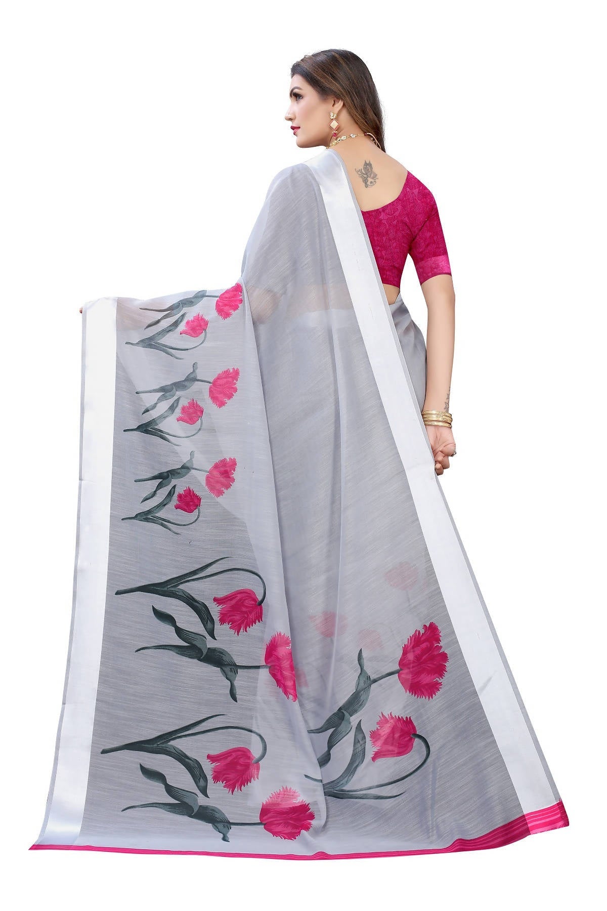 Vamika Grey Linen Satin Patta Saree (VANI GREY) | Grocsy