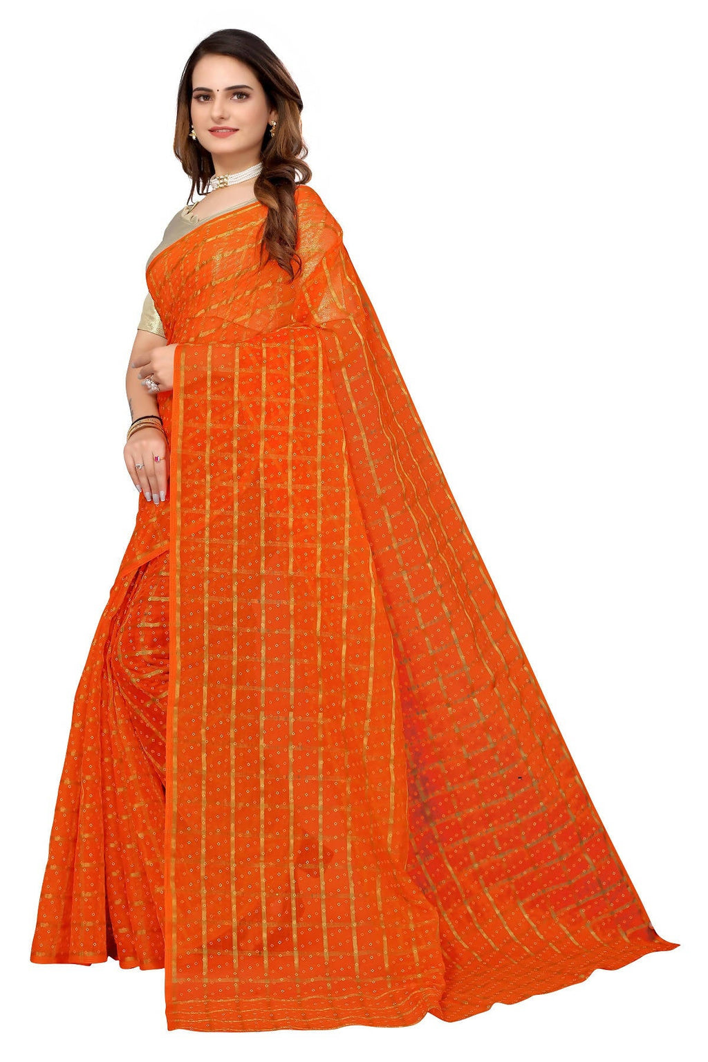 Vamika Ethnic Fire Orange Jari Work Chiffon Saree | Grocsy