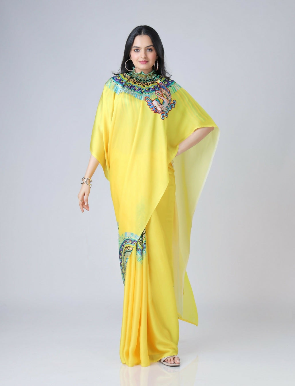 Vastranavya Yellow Ready to Wear Swan Print Free Hand Saree | Grocsy