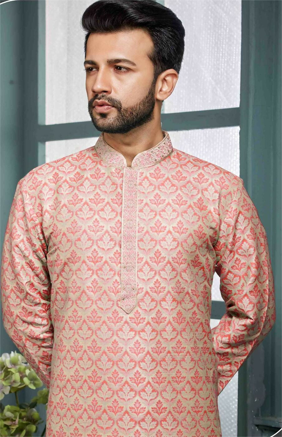 Joban Fashion Men's Peach Poly Jacquard Kurta Pajama | Grocsy