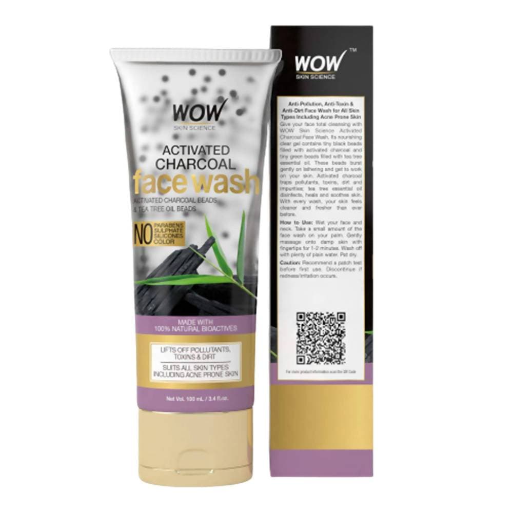 Wow Skin Science Charcoal + Glycolic Acid Detoxifying Face Wash for Oil Control + Gentle Exfoliation with Tea Tree & Aloe | Grocsy
