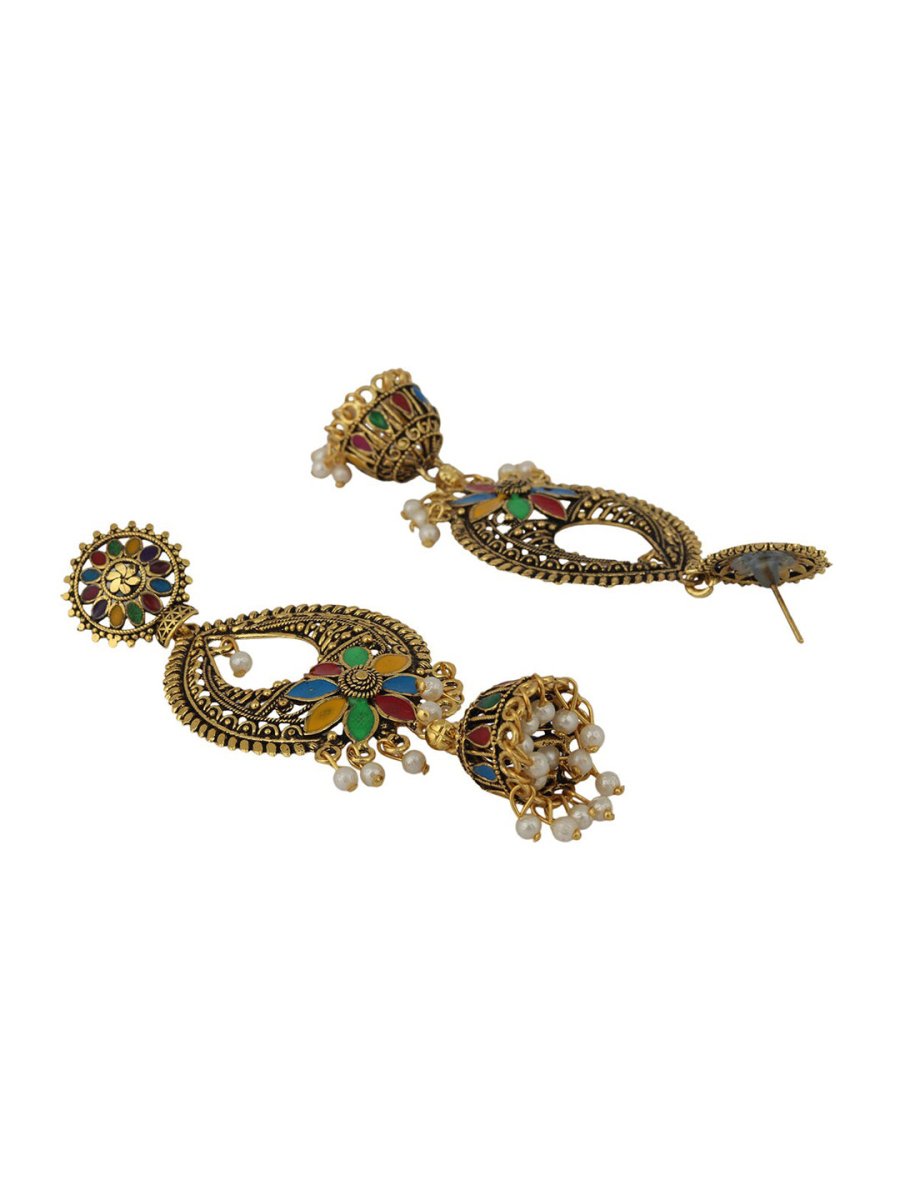 Anikas Creation Gold-Toned & Multicoloured Contemporary Jhumkas Earrings | Grocsy