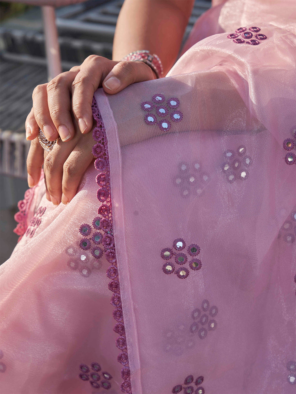 Tikhi Imli Floral Mirror Work Organza Saree | Grocsy