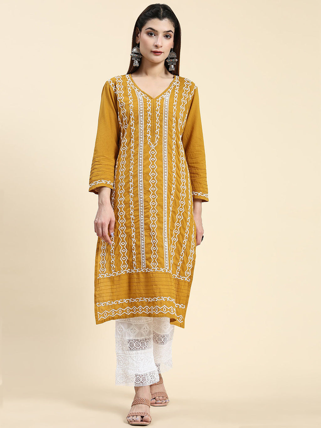 HOUSE OF KARI Ethnic Motifs Embroidered Chikankari Cotton Kurta | Grocsy