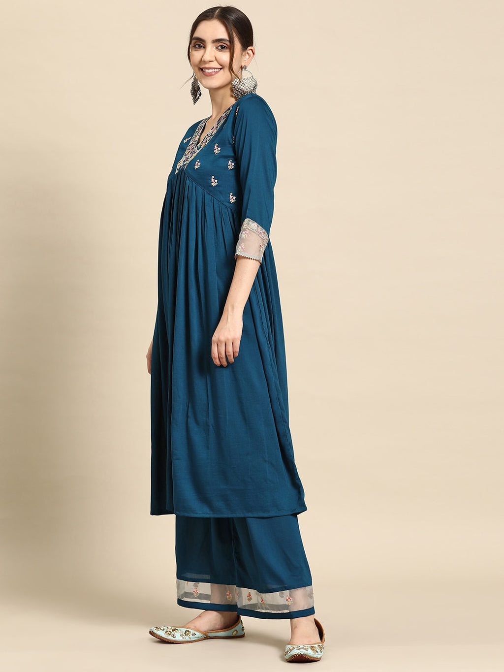 Sangria Floral Embroidered Empire Thread Work Kurta With Palazzos & Dupatta | Grocsy