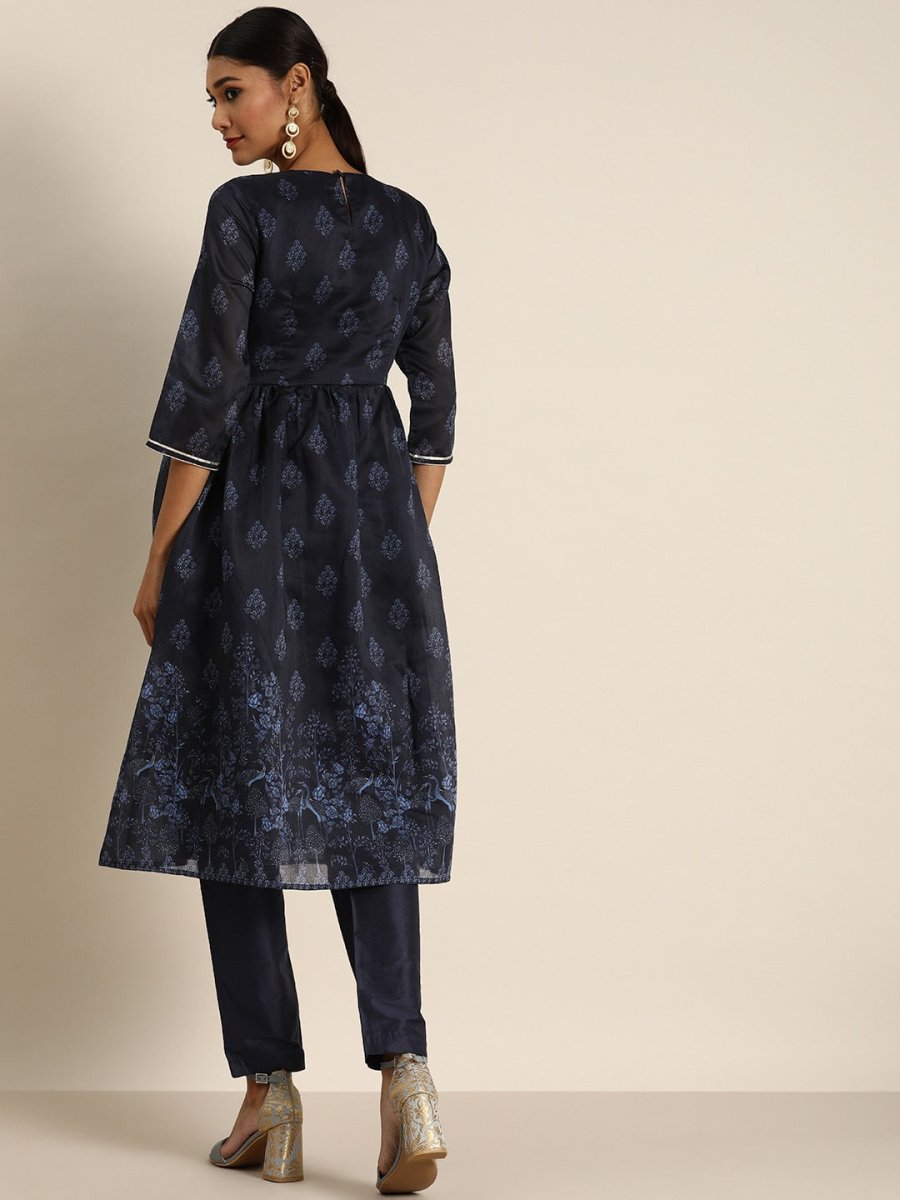 All About You Women Navy Blue Floral Printed Empire Kurta with Trousers | Grocsy