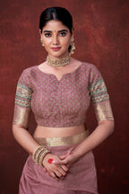 Pink Poly Habotai Silk Foil Print Saree with Unstitched Blouse - Kathari | Grocsy
