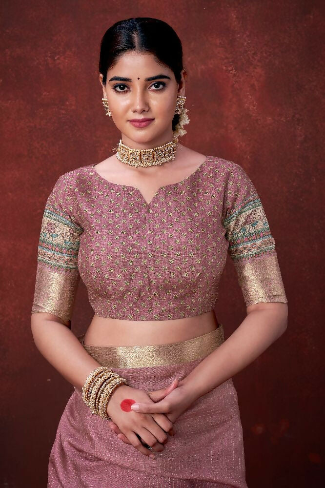 Pink Poly Habotai Silk Foil Print Saree with Unstitched Blouse - Kathari | Grocsy