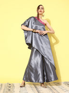 InWeave Women's Grey Pink Brocade Satin Oneshoulder Kurta Set | Grocsy