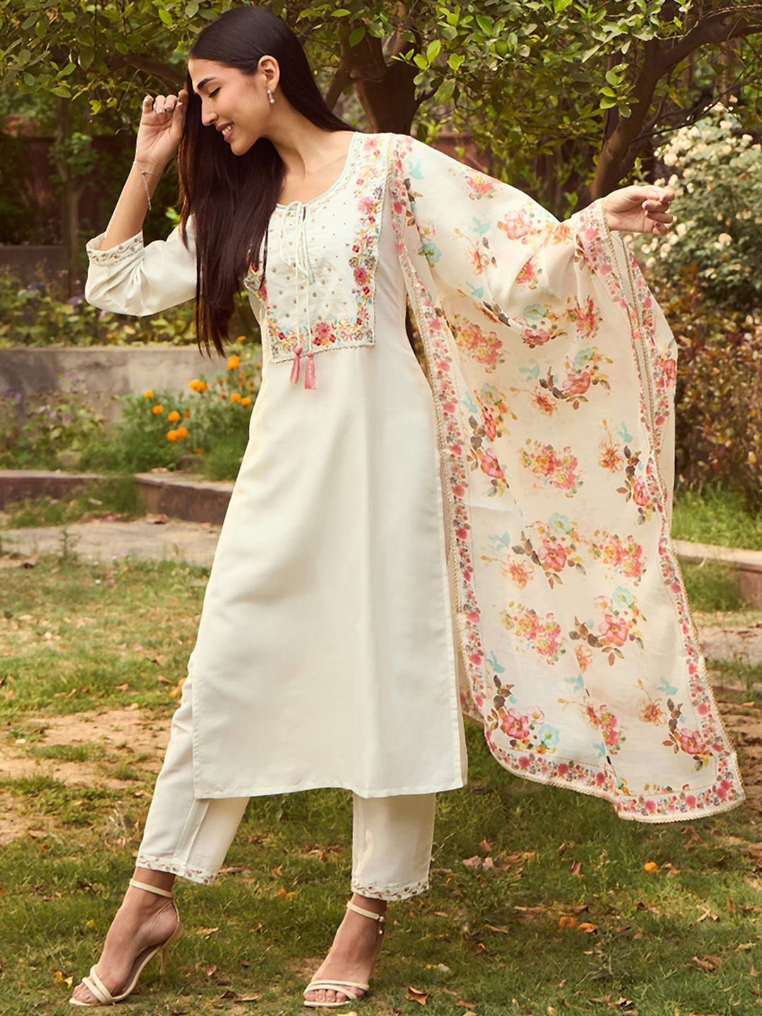 Indo Era White Floral Yoke Design Tie-Up Neck Straight Kurta With Trousers & Dupatta | Grocsy