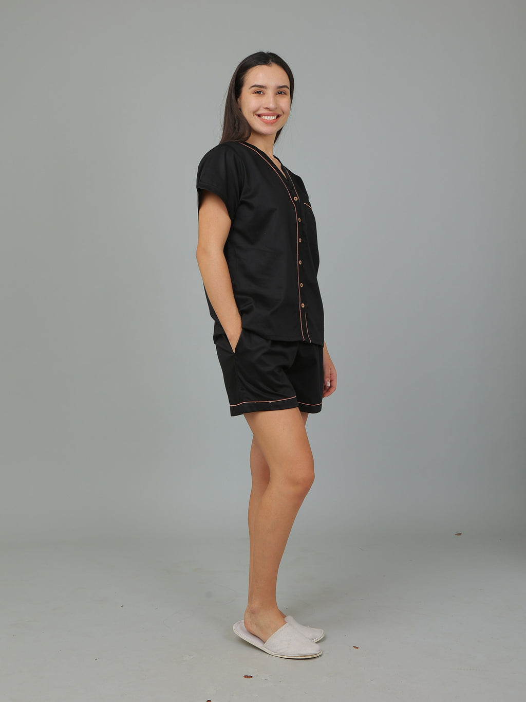 Breathables Women Cotton Night Suit Shirt And Shorts Co-Ord Set I Nightwear | Loungewear Set In Solid Colours | Grocsy